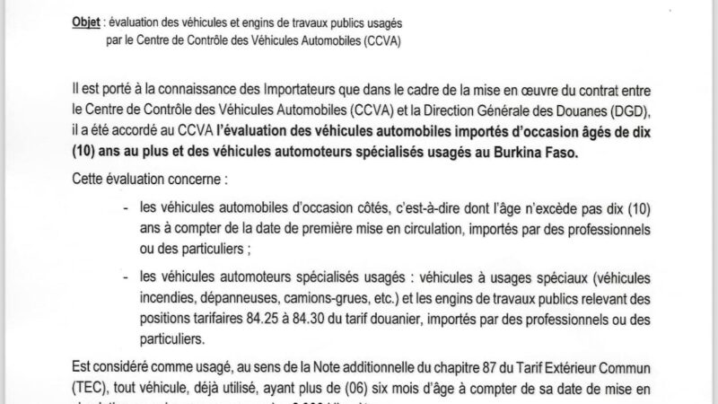 Burkina Faso : Le CCVA désormais chargé de l’évaluation des véhicules usagés importés