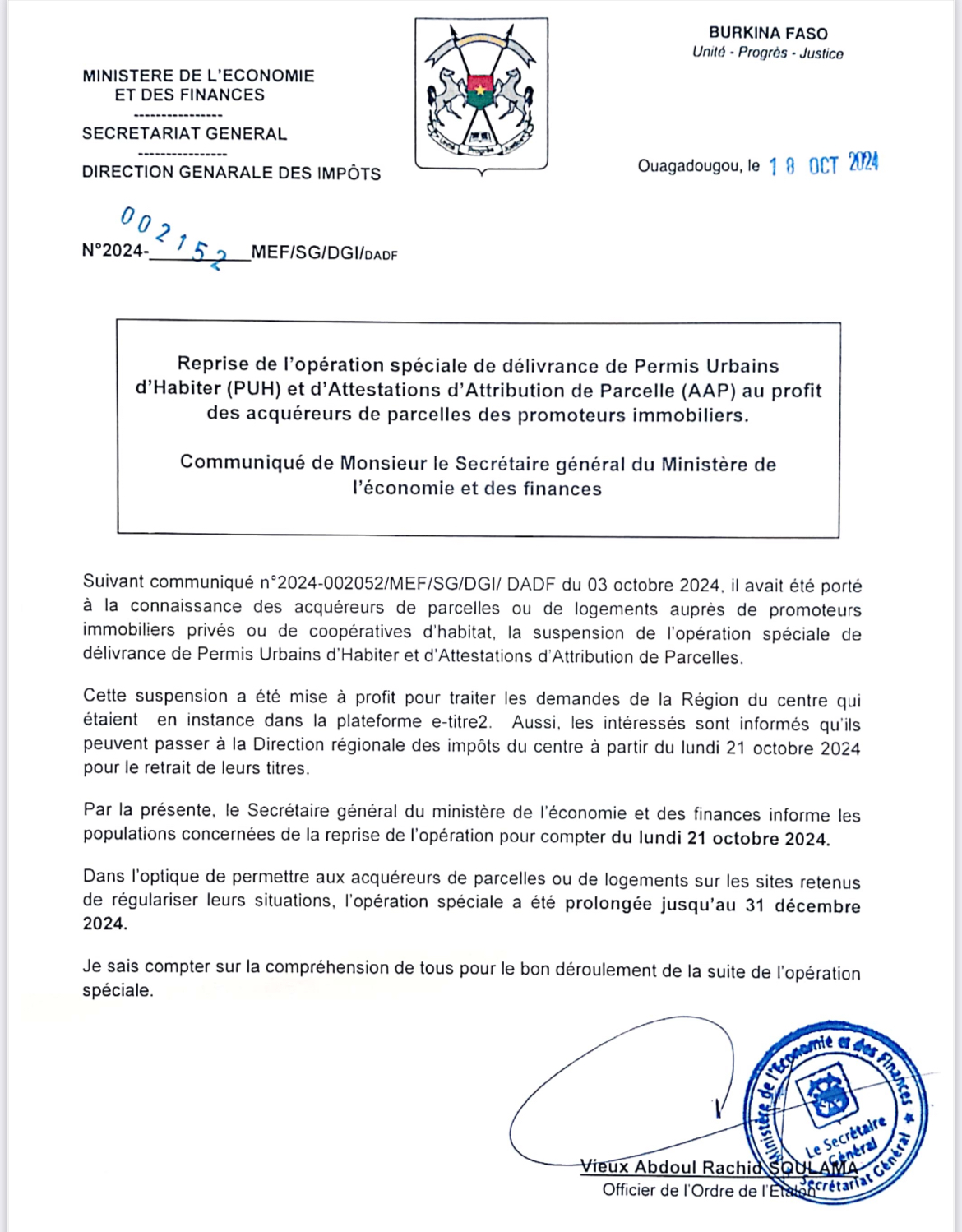 Burkina : Reprise de l&rsquo;opération spéciale de délivrance de Permis urbains d&rsquo;habiter et d&rsquo;attestations d&rsquo;attribution de parcelle