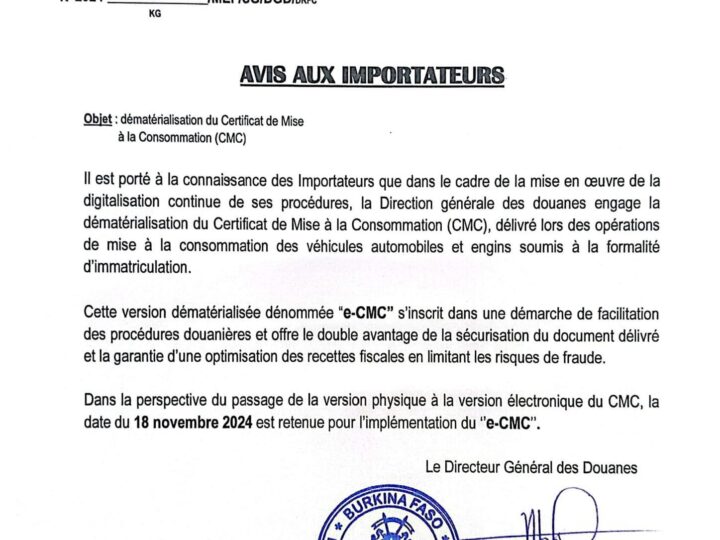 Burkina Faso : La Douane lance e-CMC pour simplifier les démarches des importateurs