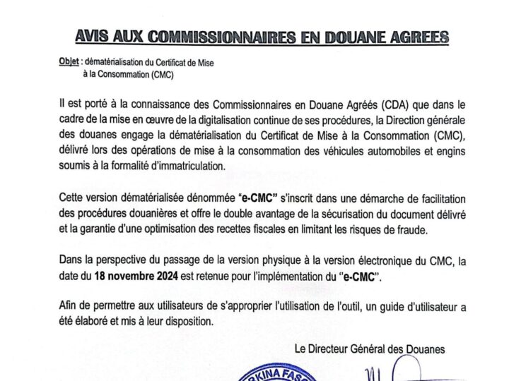 La Douane annonce la dématérialisation du Certificat de Mise à la Consommation (CMC)