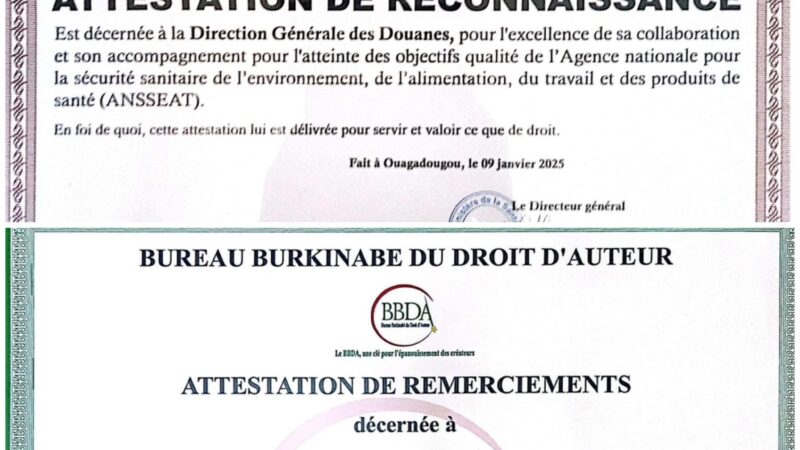 Burkina Faso : La Douane honorée pour leur engagement en faveur de la Sécurité sanitaire et de la Protection des droits d&rsquo;auteur