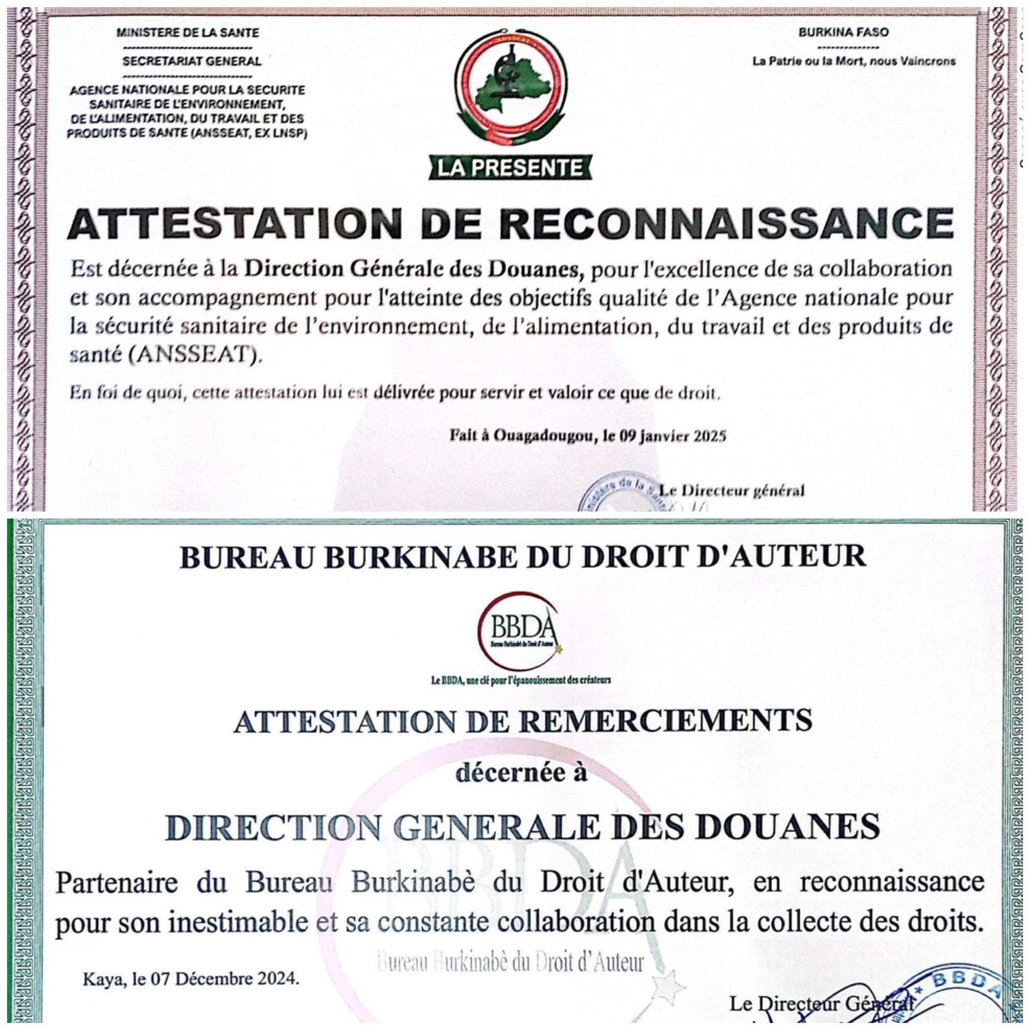 Burkina Faso : La Douane honorée pour leur engagement en faveur de la Sécurité sanitaire et de la Protection des droits d&rsquo;auteur