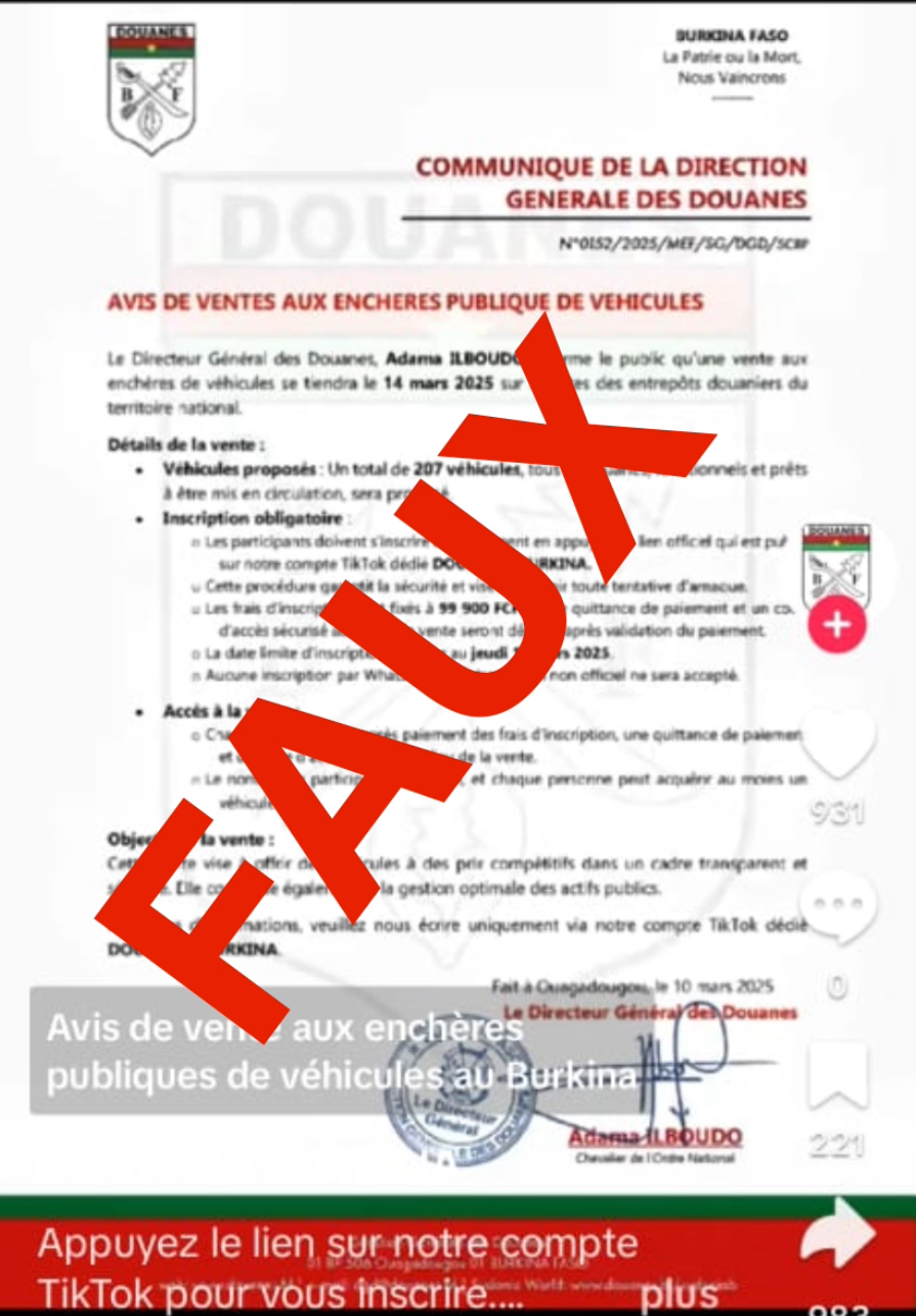 La Douane burkinabè alerte sur une fausse annonce de vente aux enchères de véhicules