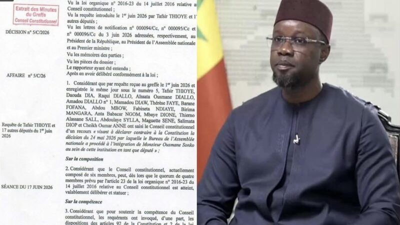 SENEGAL : Le Conseil constitutionnel se déclare « INCOMPÉTENT » sur le Recours contre le retour Sonko à l&rsquo;Assemblée