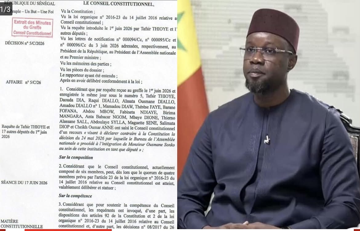 SENEGAL : Le Conseil constitutionnel se déclare « INCOMPÉTENT » sur le Recours contre le retour Sonko à l&rsquo;Assemblée